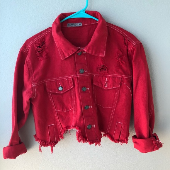 Red distressed jean jacket Clearance